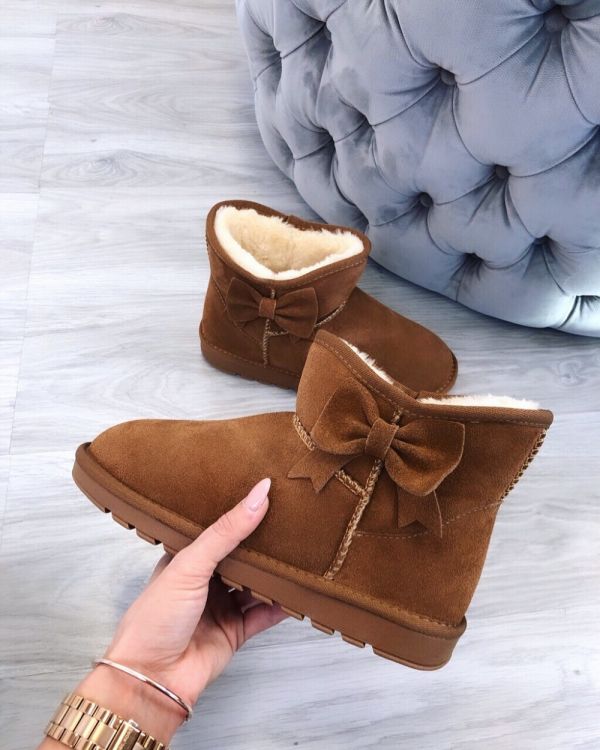 Brown Leather Bowknot UGG Style Boot