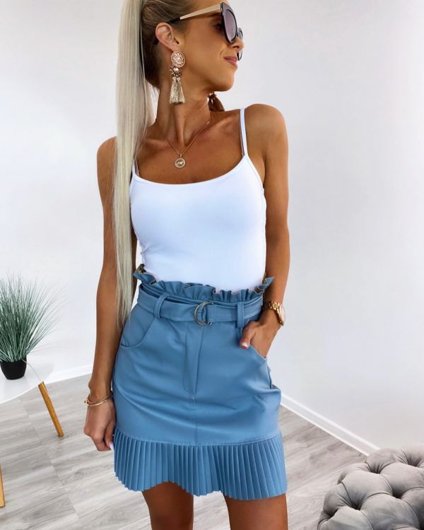 Blue Faux Leather Belted Skirt