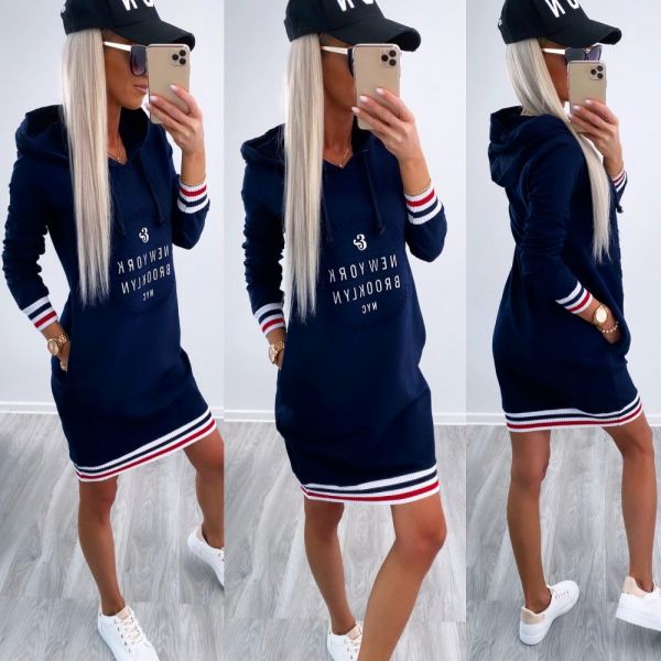 Tamsiai Mėlyna Hooded Pullover Dress