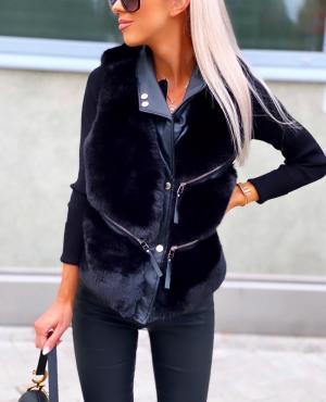 Black Faux Fur Vest With Zippers