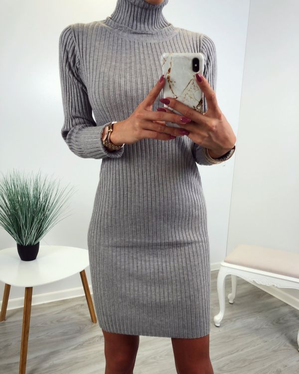 Grey Tailored High Collar Knitted Dress