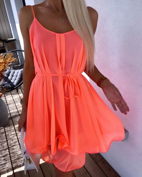Coral Chiffon Dress With Shoulder Straps