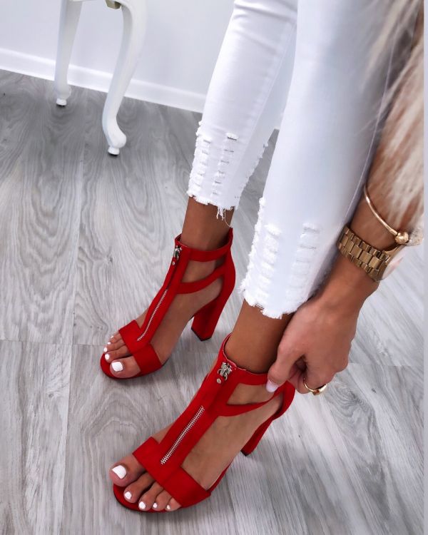 Red Ankle Zip Block Heel