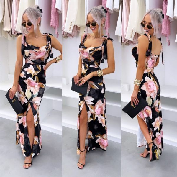 Black Floral Midi Dress In Stretch Fabric