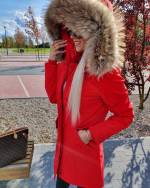 Dark Red Winter Parka With Real Fur And Waterproof Outer Layer