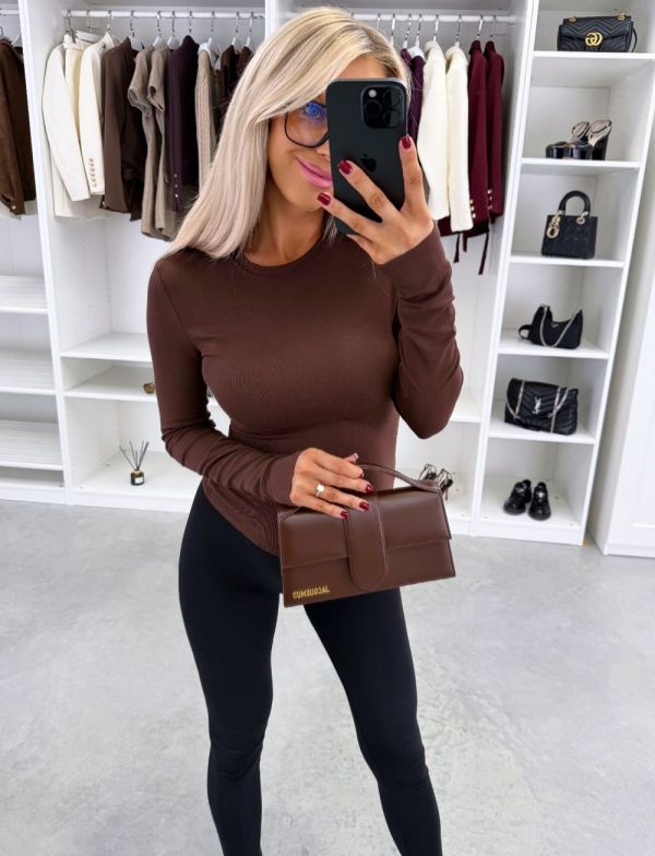 Brązowy Elastyczny Top Z Długim Rękawem