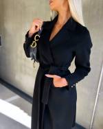 Black Tie-waist Wool Coat With Gold Details