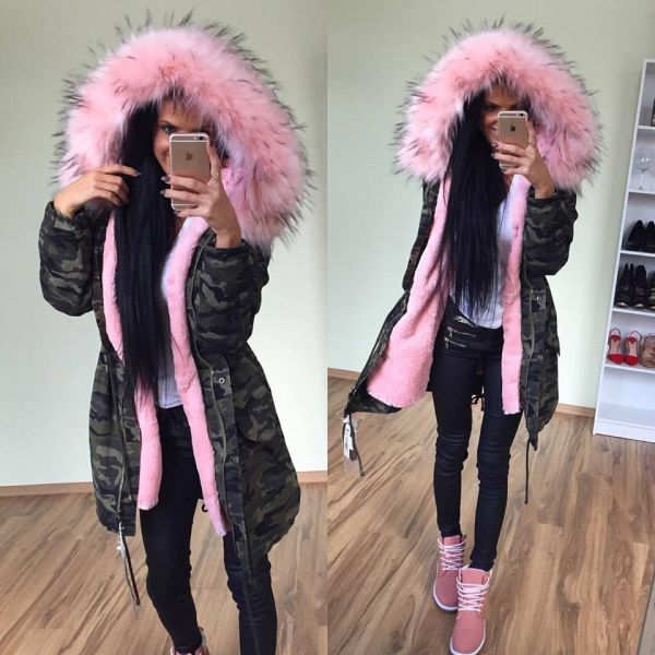 Pink Heleroosa Lining And A Large Hair-coat Hooded Park