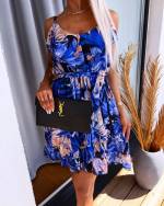 Синий Шифоновое платье с цветочным принтом и завязками на талии