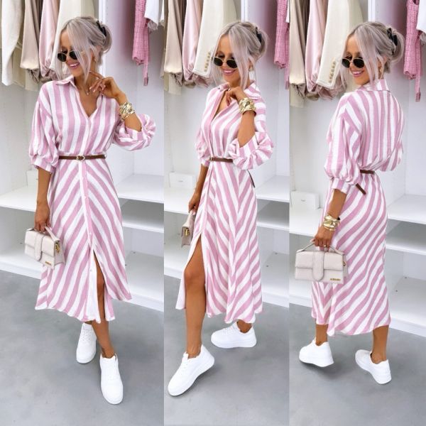 Pink Striped Casual Dress With Belt