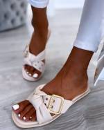 White Comfortable Sandals With Tie And Golden Straps