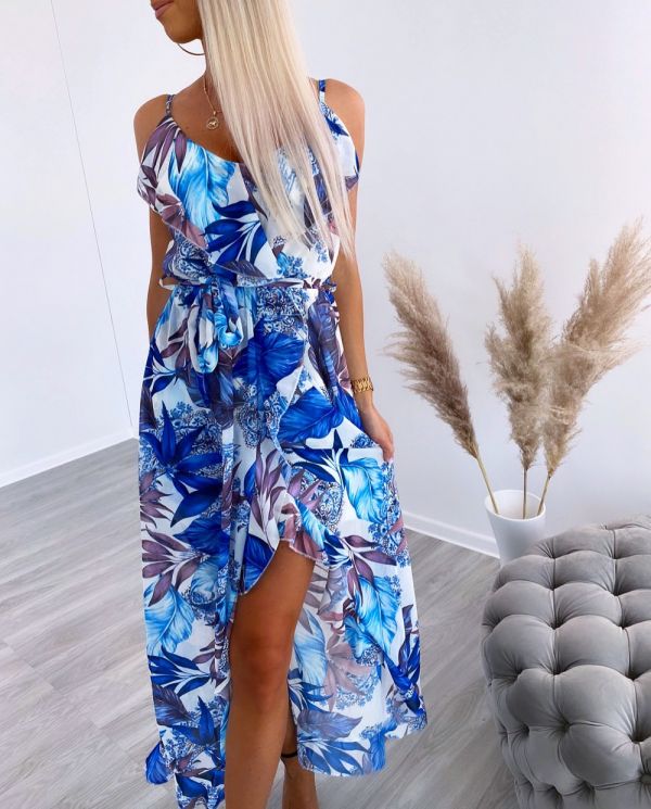 Blue Three-quarter Length Floral Dress