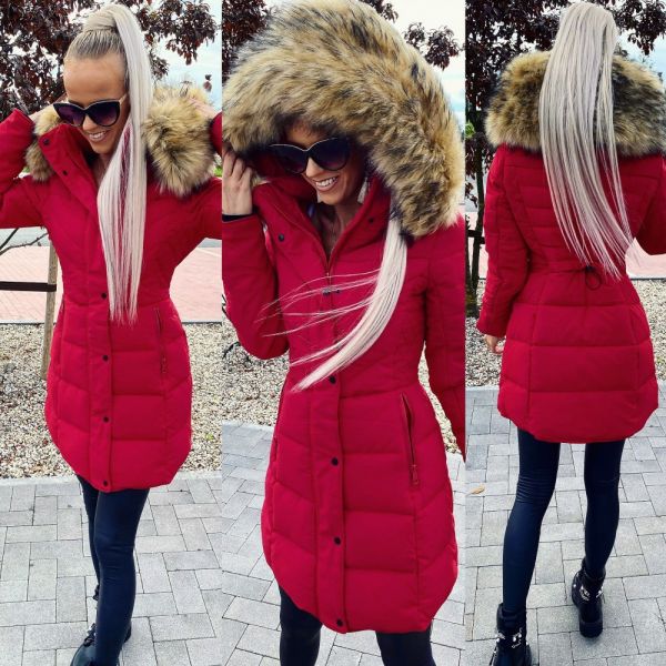 Red Tailored Faux Hood Winter Coat