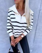 Beige Zippered Striped Sweater