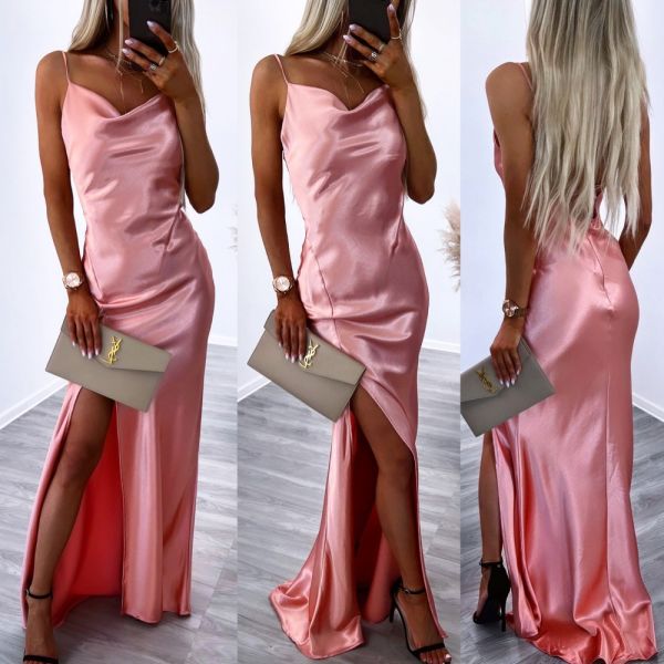 Розовый Шелковое платье, удлиненное сзади