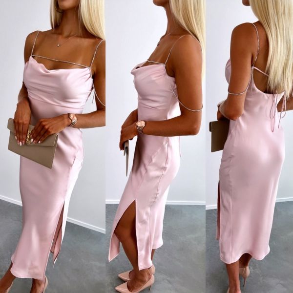 Light Pink Silky Dress With Silver Chains