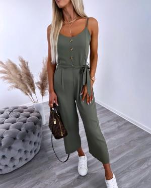 Khaki Three-quarter Jumpsuit With Buttons