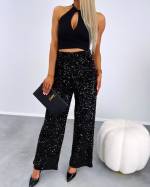 Dark Green Soft Pants With Sequins