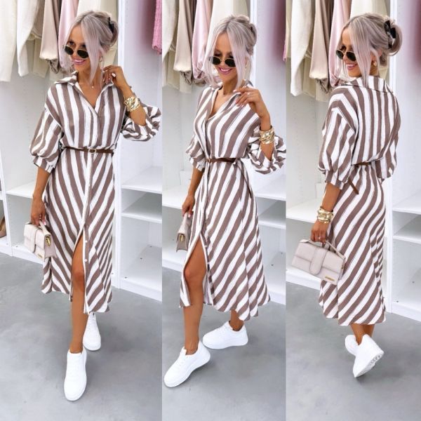 Taupe Striped Casual Dress With Belt