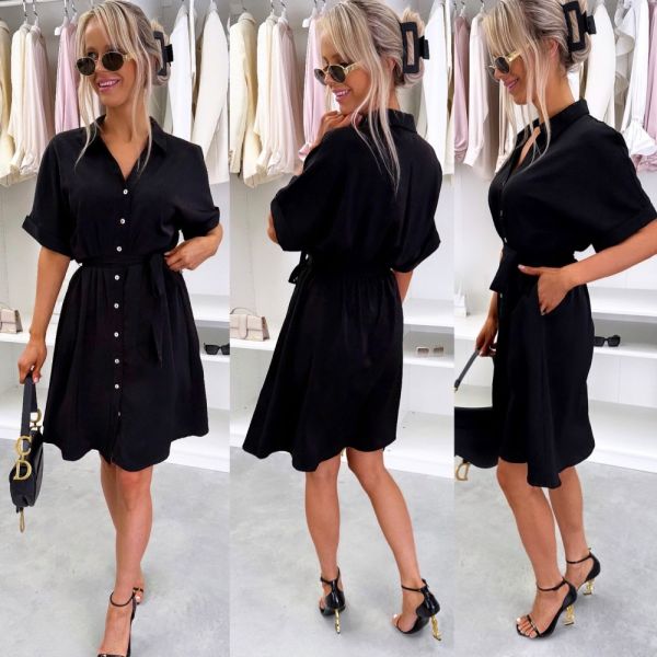 Black Adjustable Pattern Waist Dress With Pockets