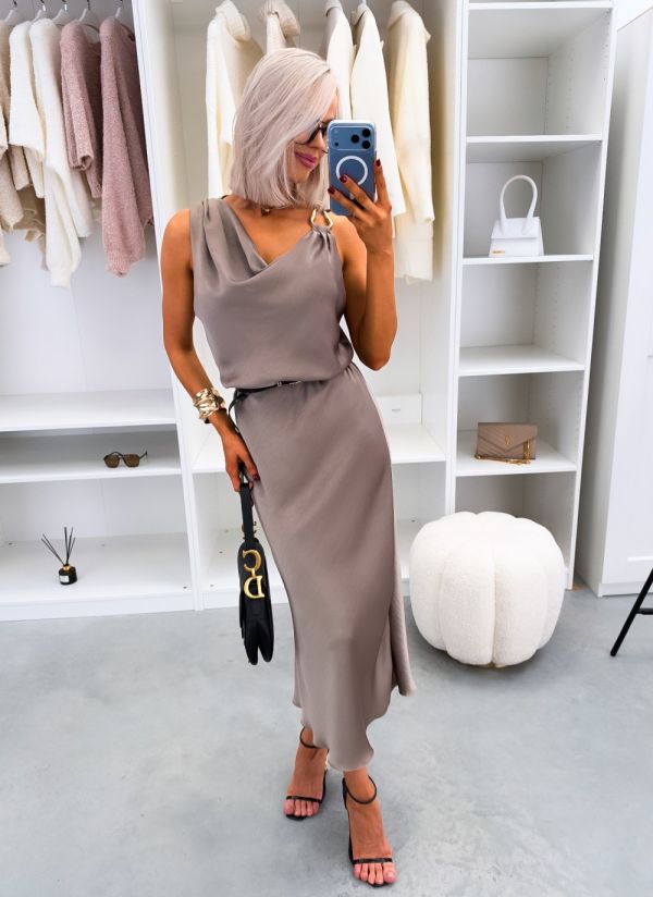 Taupe Silky Dress With A Belt