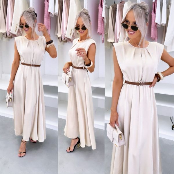 Beige Silky Belted Midi Dress