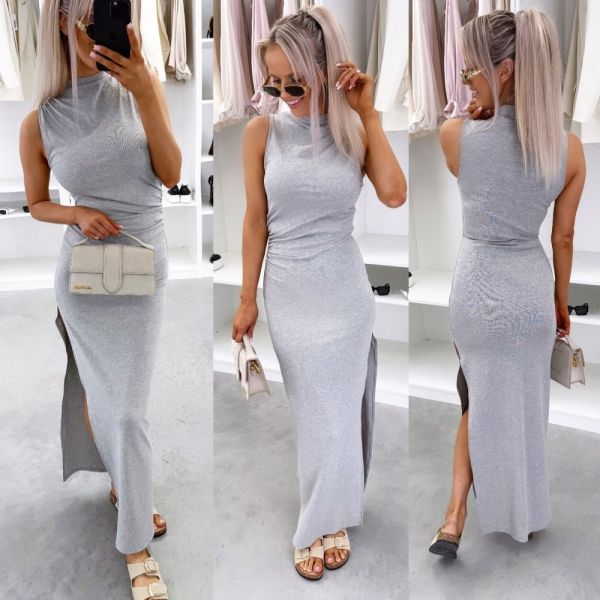 Grey Casual Maxi Dress With A Side Slit