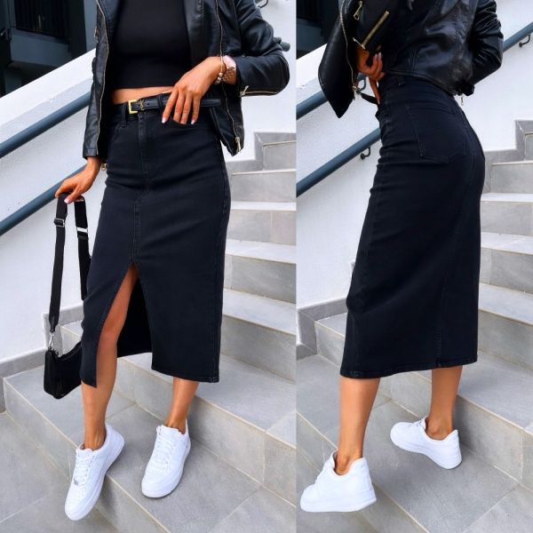Black Denim Skirt With Front Slit