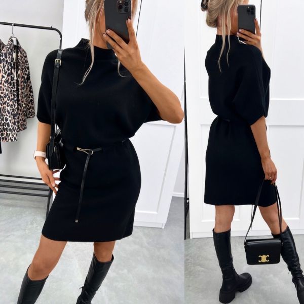 Black Soft Sweater Dress With Belt