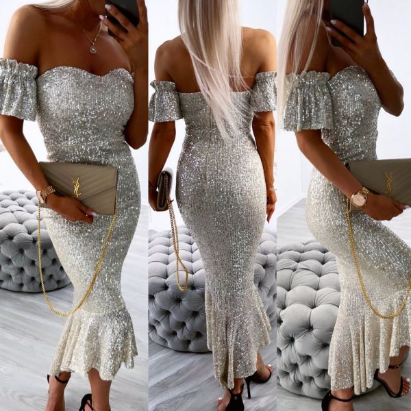 Silver Midi Dress With Sequins