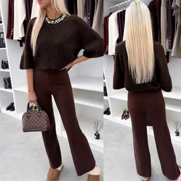 Brązowy Miękkie I Elastyczne Spodnie Z Prostą Nogawką