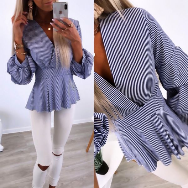 Mėlyna Striped Ruched Sleeve Blouse