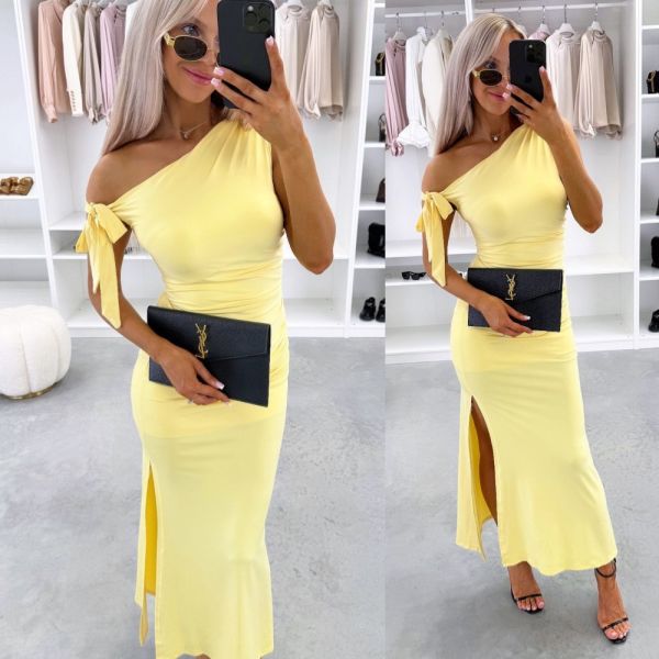 Yellow Bodycon Dress In Stretch Fabric With Slit