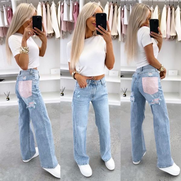 Sinine Kividega Sirgelõikelised Teksad