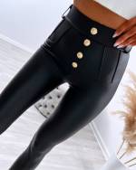 Черный Кожаные эластичные брюки с золотыми пуговицами