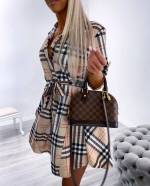 Beige Checkered Dress With Golden Buttons