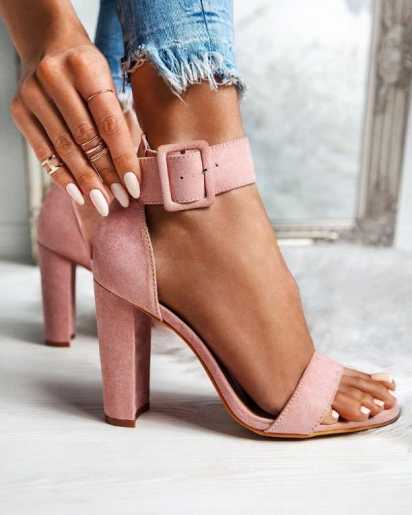 Pink Open Toe Block Heel Shoes