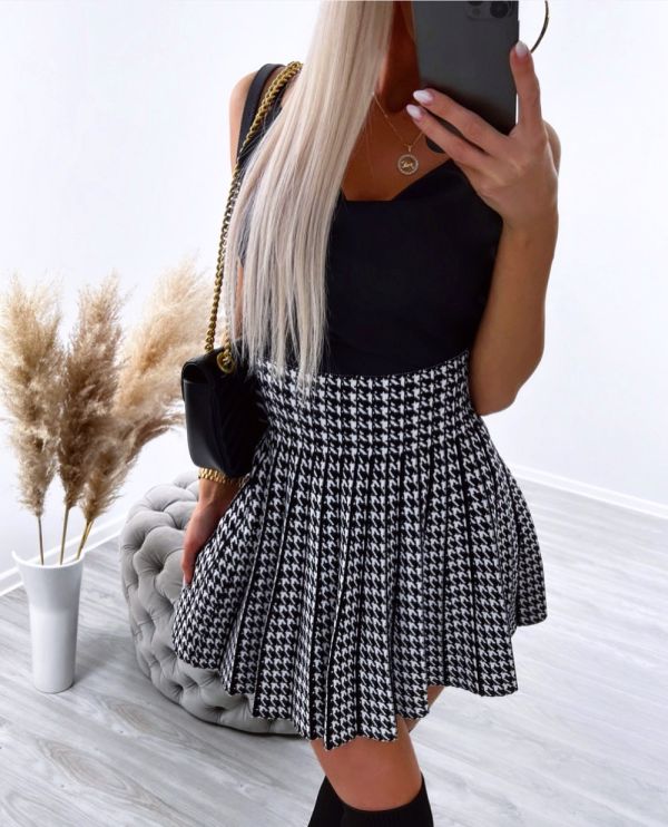 Grey Checkered Pleated Skirt