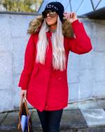 Red Winter Parka With Fake Fur And Waterproof Coating