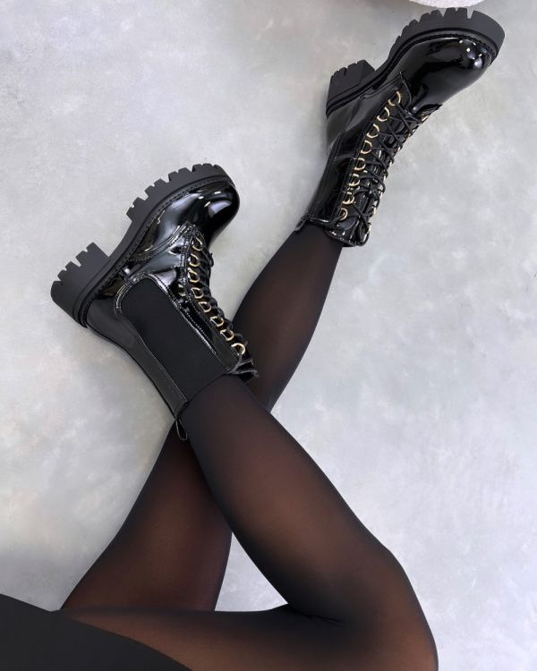 Shiny Black Shiny Boots With Gold Details