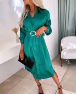 Olive Green Silky Belted Dress