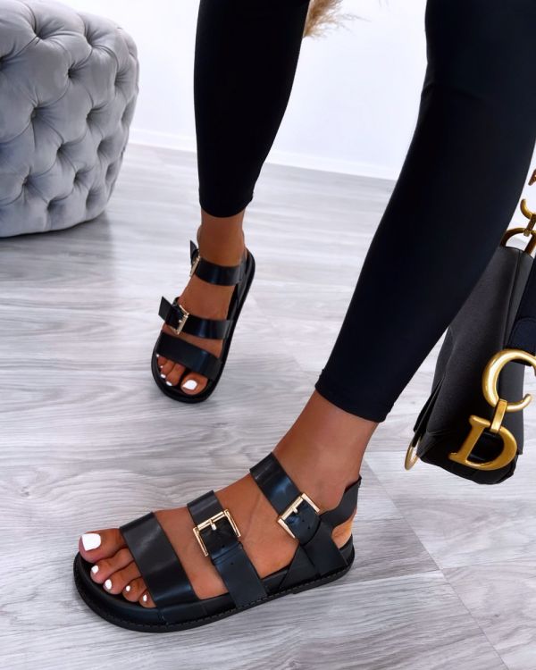 Black Sandals With Golden Straps