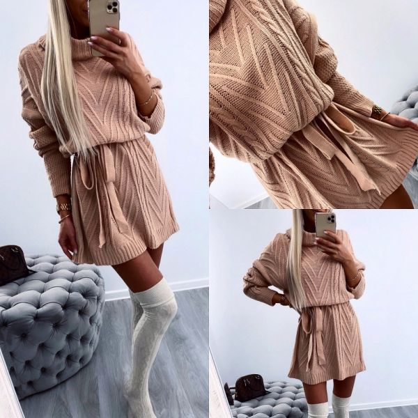 Pink High Neck Tie Knitted Dress