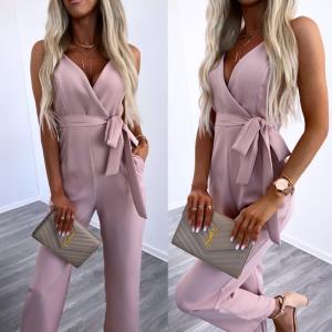 Light Pink Long Tie Jumpsuit With Pockets