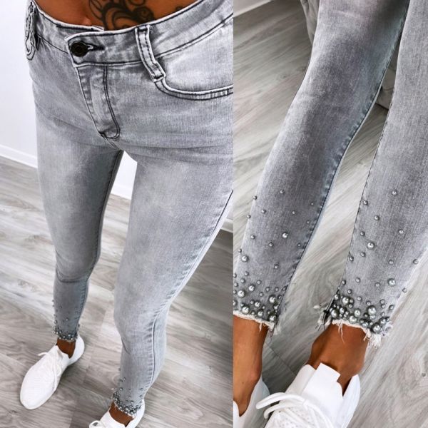 Серый Эластичные джинсы с жемчугом