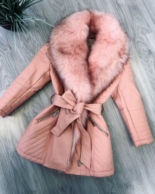 Розовый Удлиненная куртка с меховым воротником