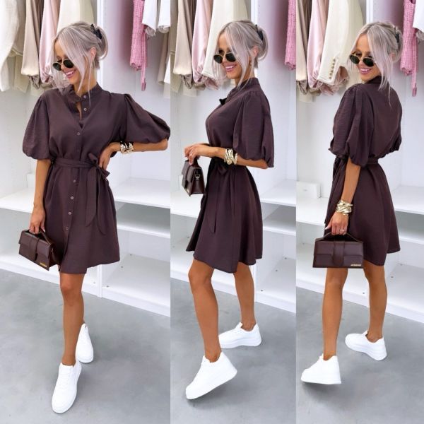 Brown Tie-front Dress With Pockets