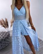 Голубой Длинный кружевной комбинезон-платье