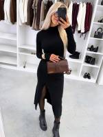 Melns Elastīga Džemperkleita Ar šķēlumu Sānos