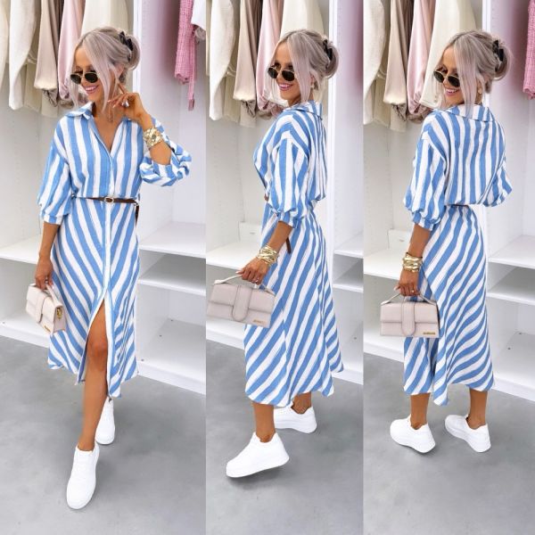 Blue Striped Casual Dress With Belt